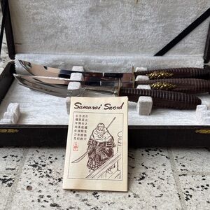 Vintage Samurai Sword Carving Knives and Serving Fork set w/ Teak Ribbed Handles